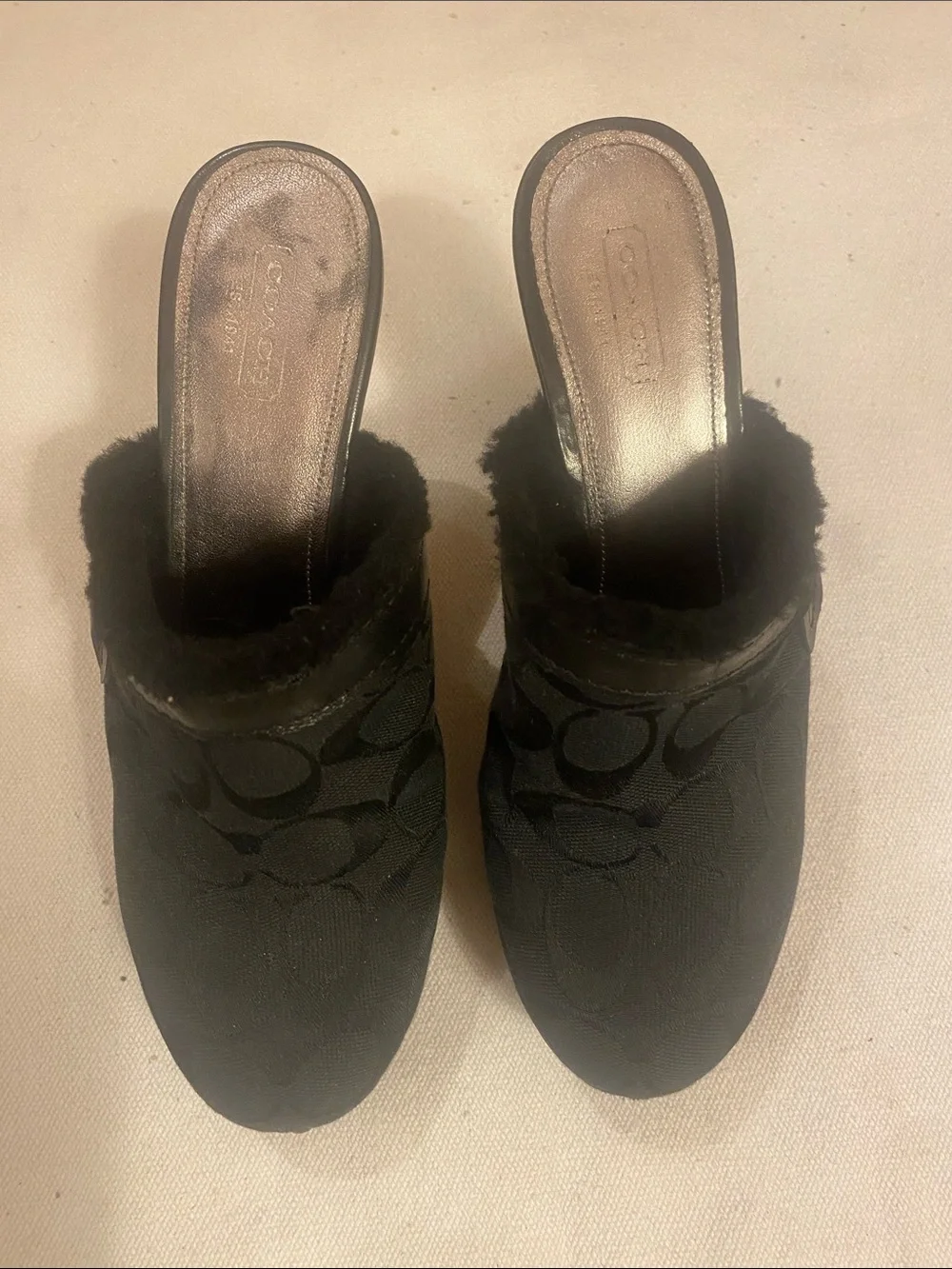Coach Black Signature Faux Fur-Trim Slip-On Mules